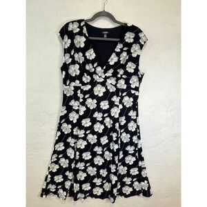 Chaps Navy & Grey Tone Floral Fit & Flair V-Neck Sleeveless Cap Dress Size XL